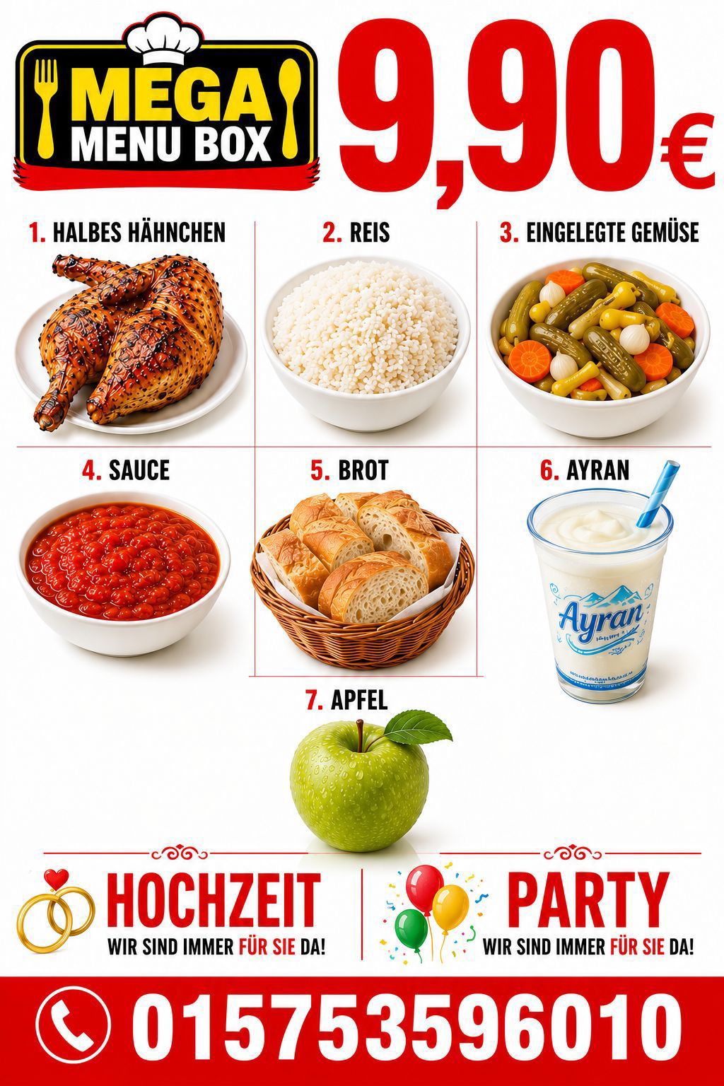 Mega Menu Box – halbes Hähnchen, Reis, eingelegtes Gemüse, Sauce, Brot, Ayran und Apfel für 9,90 €